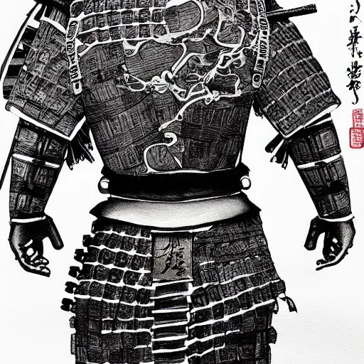 Image similar to entire body portrait from behind samurai that holds chain art inkstyle brush ink traditional sketch