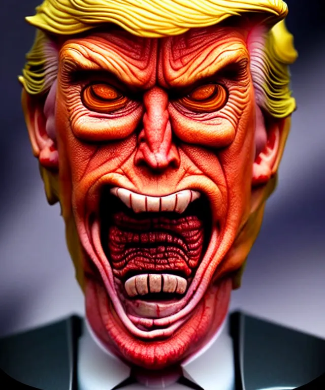 Image similar to hyperrealistic rendering, epic boss battle, cronenberg flesh monster donald trump, by art of skinner and richard corben, product photography, collectible action figure, sofubi, hottoys, storm clouds, outside, lightning