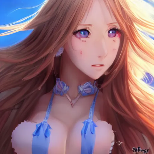 Image similar to a very beautiful mature yuuki asuna, full body, long wavy blond hair, sky blue eyes, full round face, bikini, miniskirt, front view, mid - shot, highly detailed, cinematic wallpaper by stanley artgerm lau