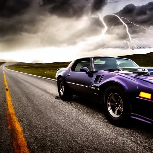 Image similar to pontiac firebird trans - am driving towards the camera, norway mountains, cinematic, motionblur, volumetric lighting, foggy, wide shot, low angle, large lightning storm, thunder storm, tornado