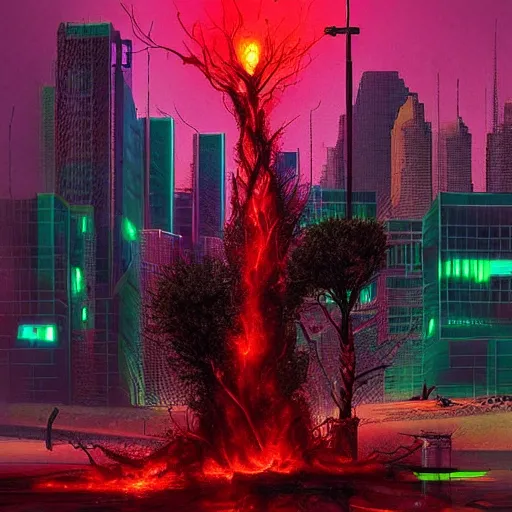 Image similar to “ the burning bush, cyberpunk art by vincent lefevre, behance contest winner, altermodern, cityscape, synthwave, matte painting ”