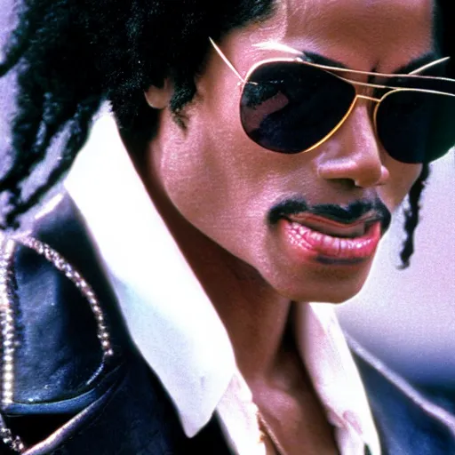 Image similar to a 1980s film still of Michael Jackson dressed as Snoop Dogg, 40mm lens, shallow depth of field, split lighting