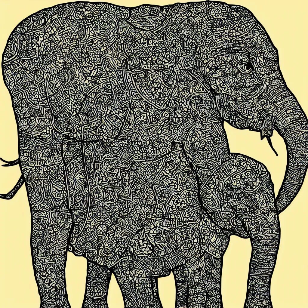 Prompt: block print, polygon art style, simple, colored elephant art