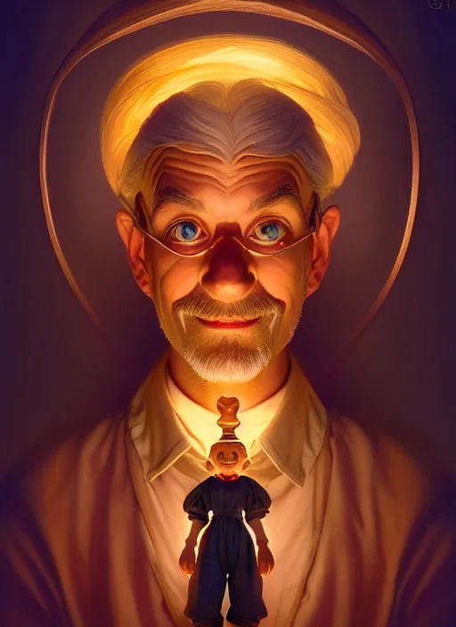 Image similar to symmetry portrait of geppetto from pinocchio, glowing lights, intricate, elegant, highly detailed, digital painting, artstation, concept art, smooth, sharp focus, illustration, art by artgerm and greg rutkowski and alphonse mucha