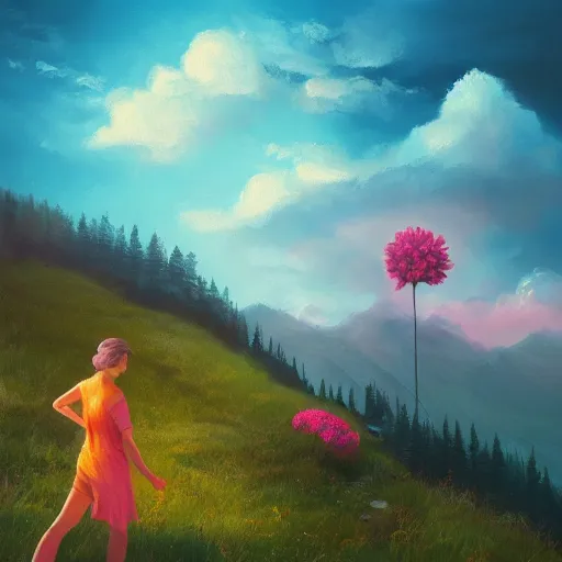 Image similar to giant carnation flower as a head, girl hiking in the mountains, surreal photography, sunrise, dramatic light, impressionist painting, colorful clouds, digital painting, artstation, simon stalenhag