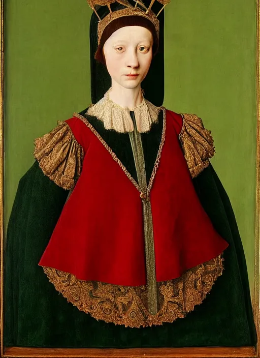 Image similar to portrait of young woman in renaissance dress and renaissance headdress, art by jan van eyck