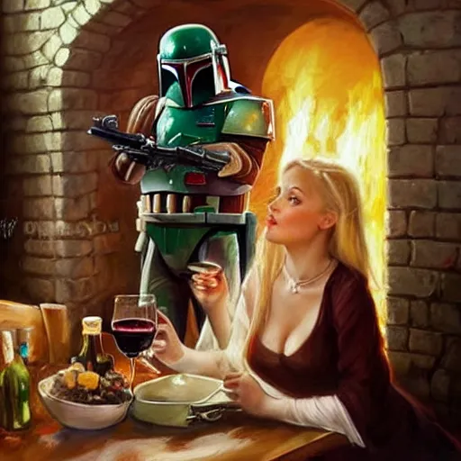 Image similar to Boba Fett and a beautiful young blonde drinking beer in a wine cellar, food, meat, schnapps, torches on the wall, romantic, inviting, cozy, painting by Vladimir Volegov