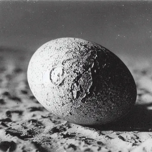 Prompt: an early 1 9 0 0 s photograph of a cracked luminescent alien egg on the beach, moonlight, at nighttime,