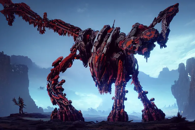 Image similar to wide epic shot. a hyper detailed fanghorn evangelion realistic mechanical and organic creature similar look as horizon forbidden west horizon zero dawn, bioluminiscence in a dark deep forest at dawn in spring, with reflection and textures, by kilian eng, substance painter reaslitic mech surface metal painted scratches, world env from horizon forbidden west horizon zero dawn