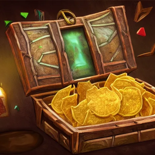 fantasy tortila chips in a treasure chest opened, high | Stable ...