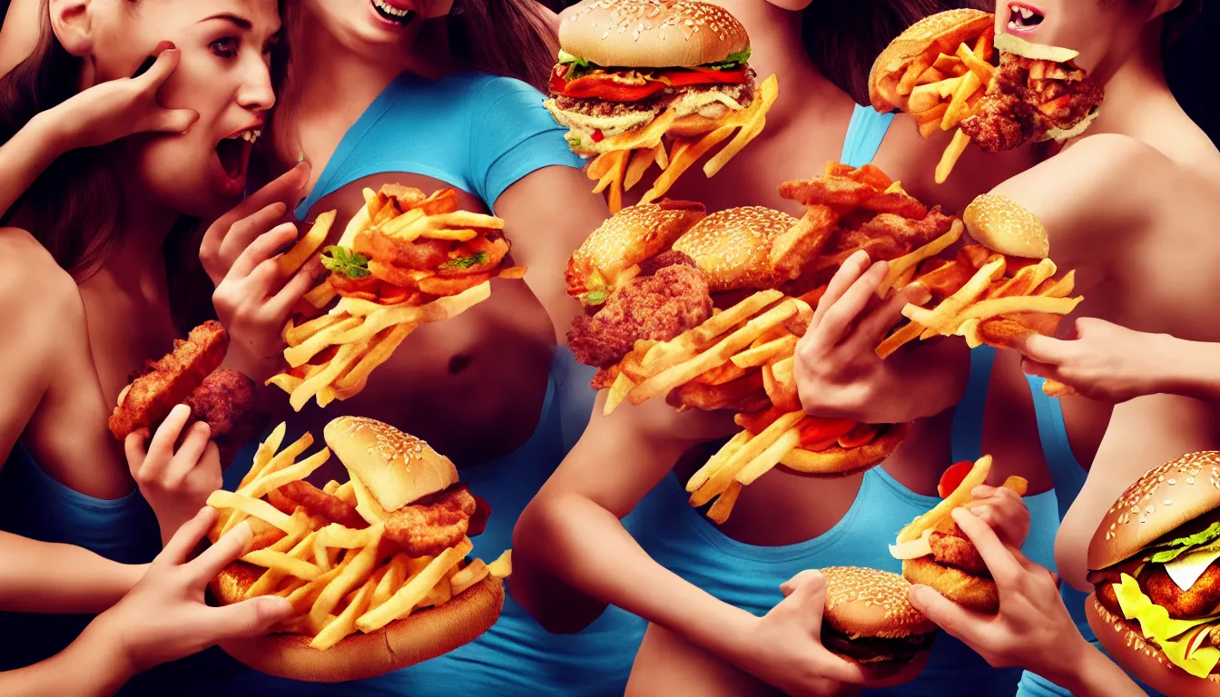 Prompt: aesthetic human bodies, fighting over scraps of fast food, hyper realistic photo, full colour, upscale, 8 k