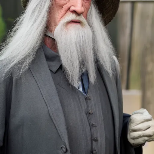 Image similar to Gandalf wearing a suit, DLSR photo