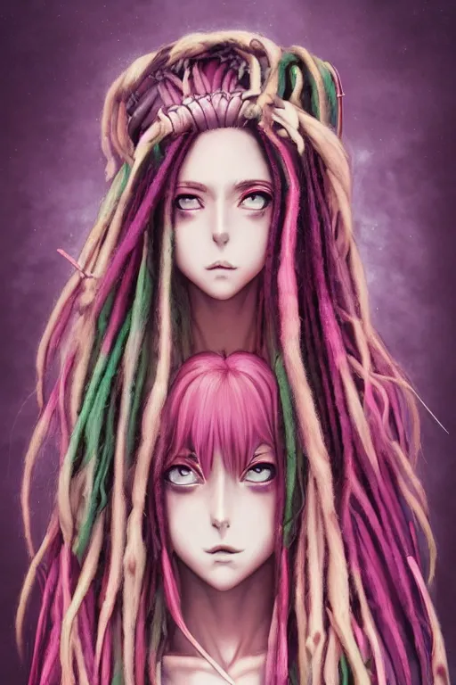 Image similar to portrait of an anime manga hippie girl with pink and brown dreads, straight on portrait, by artgerm, james jean, tom bagshaw, gerald brom, vaporwave colors, lofi colors, vaporwave, lofi, goth vibe, 4 k, smooth, hd, substance designer render, symmetrical,