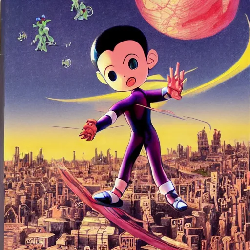 Prompt: award winning art of Astro Boy Demon nº625 Manga cover with an illustration of astroboy flying over a big messy matte painted city, bird eyes view of the city, full of japanese signs, Ashley wood oil painting, dynamic composition, printed on paper