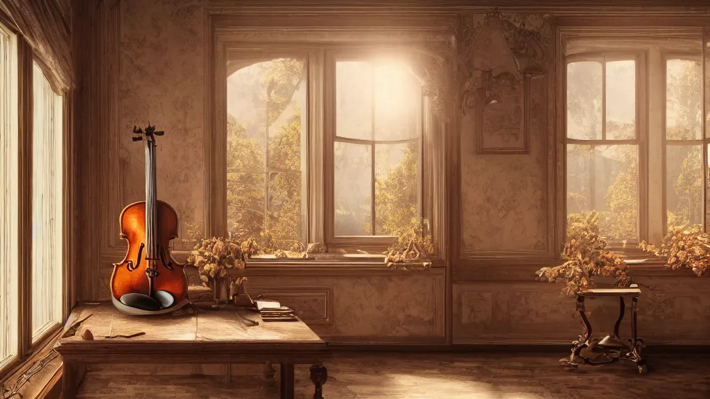 Prompt: one violin on an antique wooden desk in a richly decorated Victorian house, beautiful reflexions, detailed wooden table, photorealistic, photorealism, the autumn light comes in through a window, diffuse light, octane render