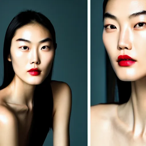 Image similar to close up photo portrait Liu Wen, beautiful face, no body, photoshoot, real-life skin, skin care, light makeup, faint red lips, slicked back hair, diffuse lighting,