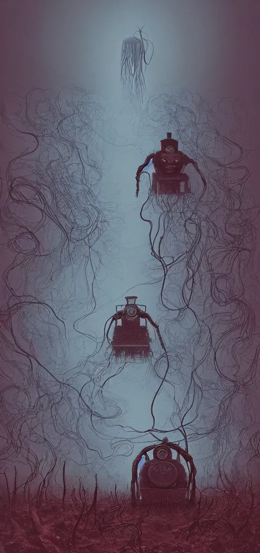 Image similar to thomas the tank engine in style of zdzisław beksinski, extremely dramatic lighting, 8 k, tendrils, black, darkness, black slime tendrils, infected, rust, body horror, thomas the train, thomas the tank engine face, horror,