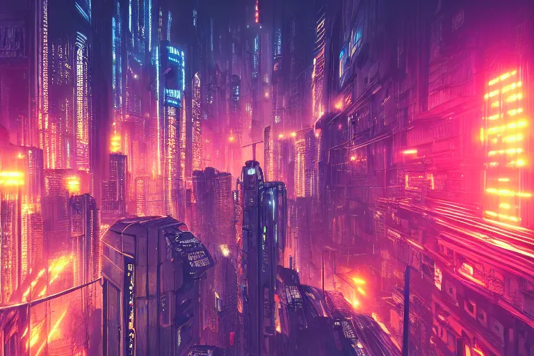 Prompt: dense and detailed dystopian cyberpunk city skyline at night, multicolored neon lights, 8k