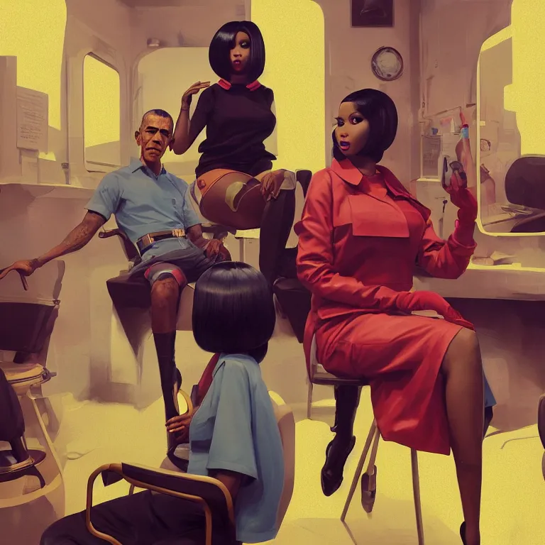 Prompt: tritone 1 9 6 0 s concept illustration portrait of nicki minaj sitting next to barack obama in a barbershop. cinematic scene. volumetric lighting. golden ratio accidental renaissance. by sachin teng and sergey kolesov and ruan jia and heng z. graffiti art, scifi, fantasy, hyper detailed. octane render. concept art. trending on artstation.