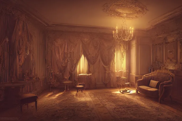 Image similar to a storybook illustration of inside a mansion rooms, hyper realistic, ambient lighting, concept art, intricate, hyper detailed, smooth, dynamic volumetric lighting, octane, raytrace, cinematic, high quality, high resolution, 4 k