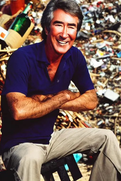 Prompt: randy mantooth smiling sitting on a garbage heap and drinking wine