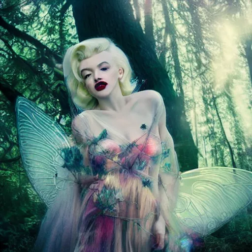 Prompt: portrait by bella kotak, marilyn monroe as a beautiful fairy, translucent fairy wings, a forest clearing in the background, luminescent holographic colors, otherworldly, high fantasy art, soft glow, iridescent colors, ethereal aesthetic, intricate design, fae elements, detailed shiny blonde hair, whimsical, atmospheric,