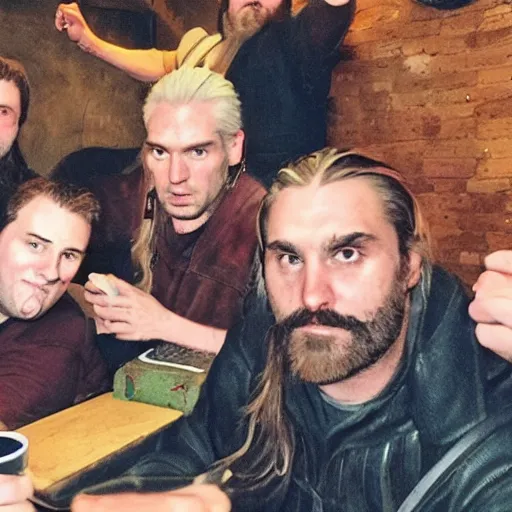 Prompt: geralt of trivia and his team at a pub quiz