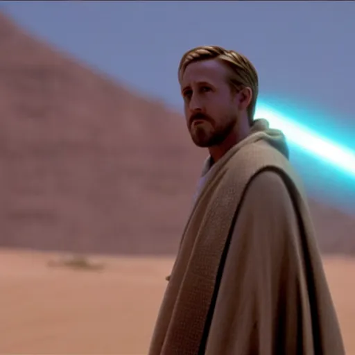 Prompt: ryan gosling as Obi-Wan kenobi standing on mustafar star wars revenge of the sith movie still medium shot 65mm