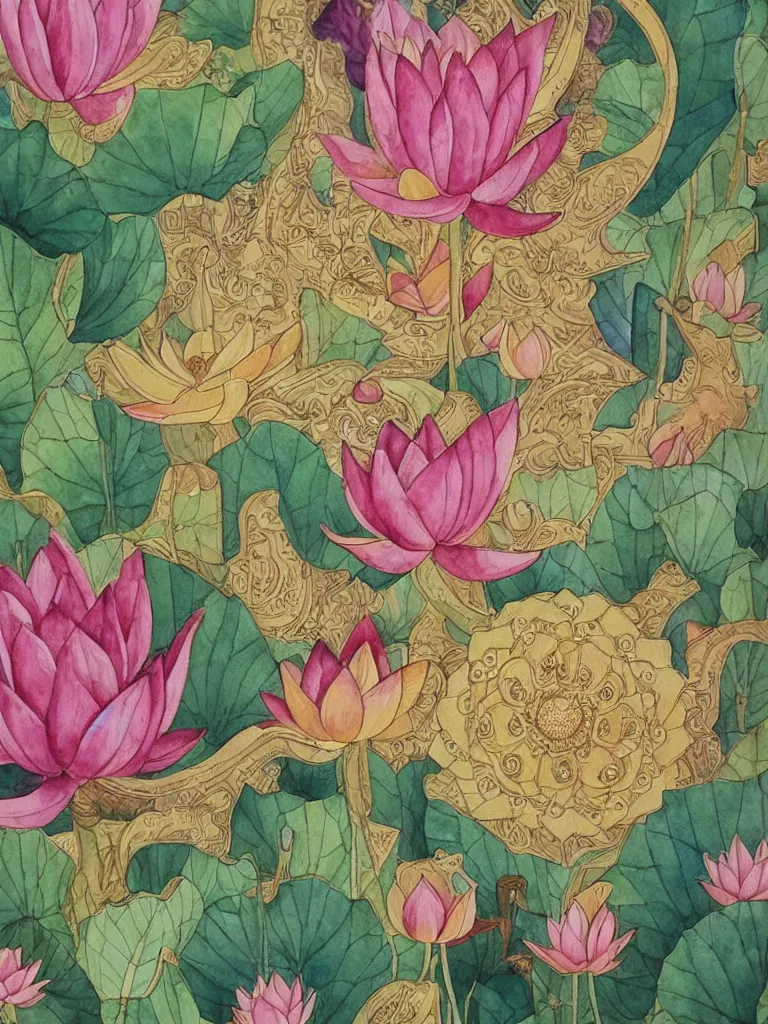 Prompt: a beautiful fine art watercolor painting of a buddha and a sacred lotus flower, intricate details, aesthetically pleasing and harmonious colors, sacred and pure