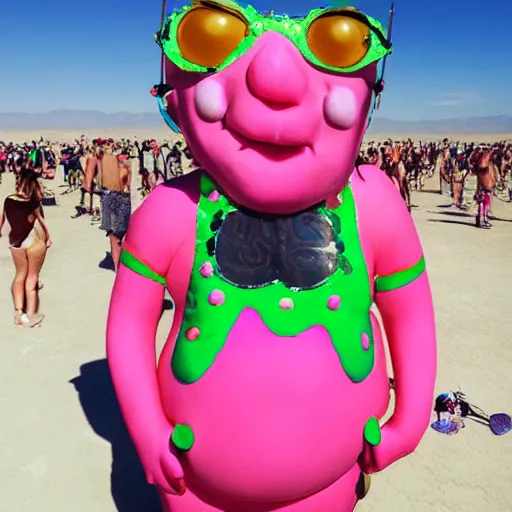 Image similar to mr blobby at burning man, photorealistic