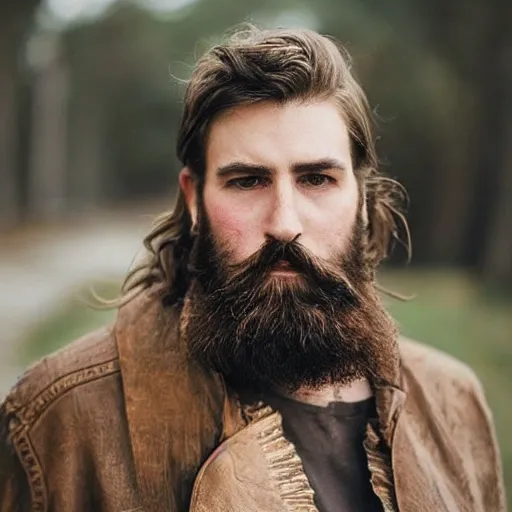 Image similar to a majestic hobo, brown and gold, beard, halo