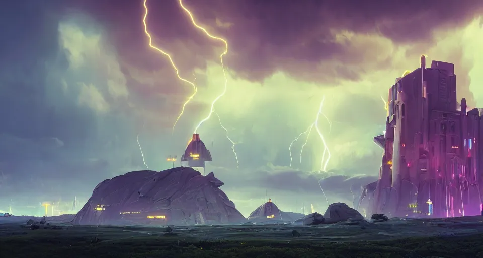 Prompt: Landscape with GIANT lightning bolt striking a futuristic castle, center composition, cinematic, rendered by simon stålenhag, rendered by Beeple, Makoto Shinkai, syd meade, environment concept, digital art, starwars, unreal engine, 3 point perspective, WLOP, trending on artstation, low level, 4K UHD image, octane render,