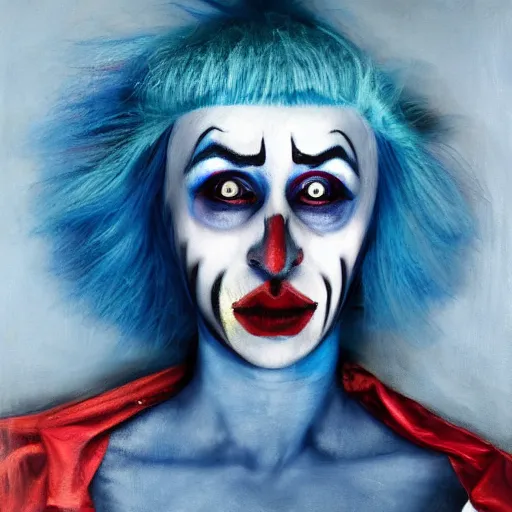 a person with blue hair and a clown makeup, a | Stable Diffusion | OpenArt