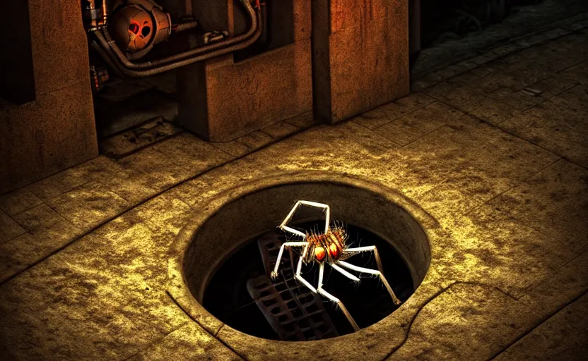 Image similar to mechanical spider in a large dimly lit sewer, ultra detailed digital art, fine drawing, hyper real, 4 k, moody lighting, warm colors