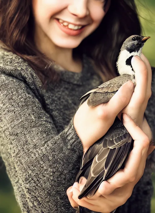 Image similar to a beautiful detailed portrait photo of a girl excited while holding hands with a bird with a, realistic, f 8, 4 k hd wallpaper