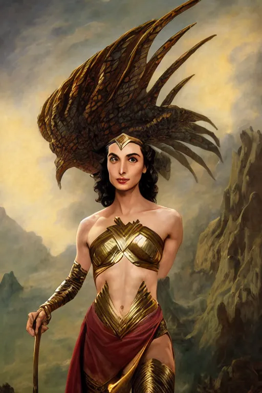 Image similar to A fantasy comic book style portrait painting of Gal Gadot, hybrid, Anya Audrey Hepburn, as an Atlantean Reptilian Warrior, François Boucher, Oil Painting, Mystical Valkyrie, unreal 5, DAZ, hyperrealistic, octane render, Regal, Refined, Detailed Digital Art, RPG portrait, William-Adolphe Bouguereau, Michael Cheval, Walt Disney (1937), Steampunk, dynamic lighting, Highly Detailed, Cinematic Lighting, Unreal Engine, 8k, HD