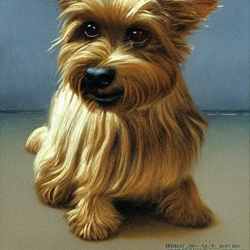 Image similar to Yorkie dog, extremely detailed masterpiece, illustration, by Michael Sowa,