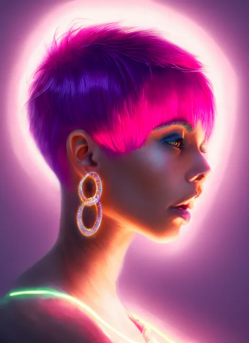 Image similar to portrait of vanessa morgan with bright pink hair, curly pixie cut hair, wearing a purple breton cap, breton cap, hoop earrings, intricate, elegant, glowing lights, highly detailed, digital painting, artstation, concept art, smooth, sharp focus, illustration, art by wlop, mars ravelo and greg rutkowski