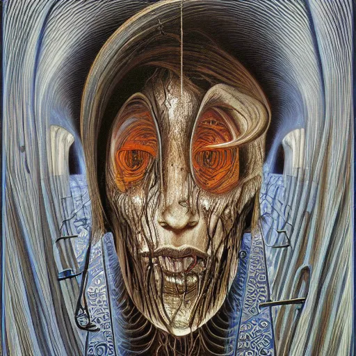 Image similar to HER AFTER LIFE FROM A MIRROR by jacek yerka, alex gray, zdzisław beksiński, dariusz zawadzki, jeffrey smith and h.r. giger, oil on canvas, 8k highly professionally detailed, trending on artstation