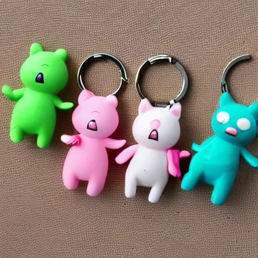 Prompt: some cute plastic toys that look like animal characters hanging from a keychain, laying onto of a doily, white, cream, and light pink