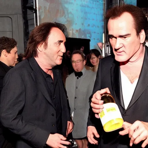 Image similar to Tarantino drinks a bottle of water filled with Nicolas Cage.