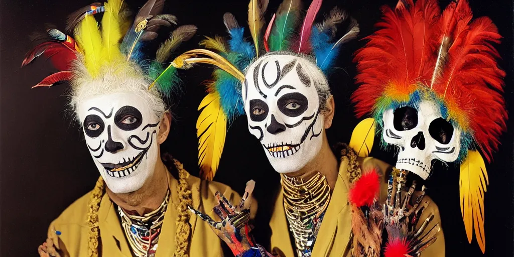 Image similar to ney matogrosso with paint on face, feathers, leather, lace, gold wings on head, tibetan skeleton dancer, painting by gottfried helnwein, leonora carrington