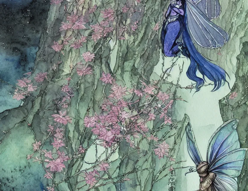 Prompt: faerie hawkmoth in the palace courtyard. this watercolor painting by the award - winning mangaka has a beautiful composition, great sense of depth and intricate details.