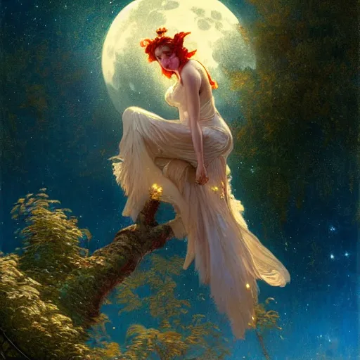 Image similar to attractive fairy magically floating high in the night, fantasy, full moon in background. highly detailed painting by gaston bussiere, craig mullins, j. c. leyendecker, mid shot, 8 k realistic, cryengine, frostbite 3 engine, sharp focus