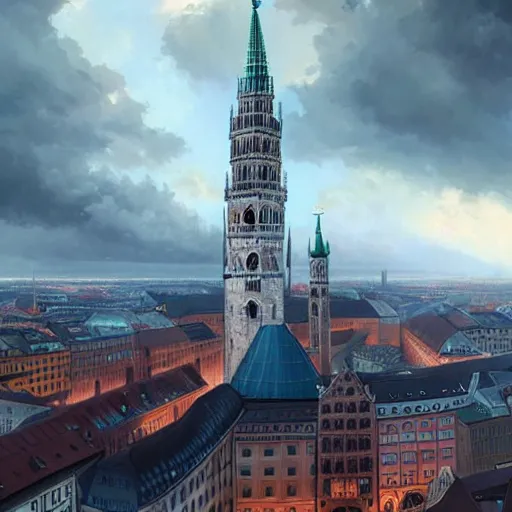 Image similar to , city of munich!!!, huge bright spot falling from the skies!!!, people running in panic!!, hyperrealistic, highly detailed, cinematic, daylight, beautiful, cgssociety, artstation, 8 k, oil painting by greg rutkowski, by artgerm, by wlop