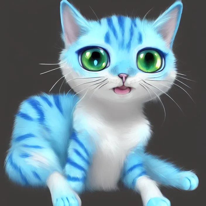 Image similar to cute cat of cheshire. an adorable cat with light blue stripes, shiny eyes and a big human like playful smile. award - winning digital art, trending on artstation