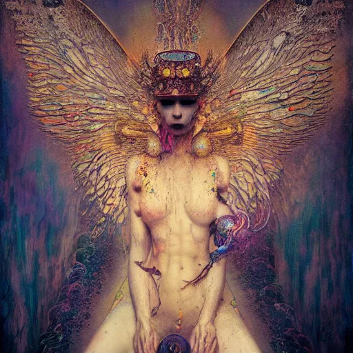 Image similar to wet plate photography of goddess with one wing reaching infinity and hungry souls around by Klimt, Artificial Nightmares drawn by Peter Mohrbacher, Zdzisław Beksiński and thu berchs James Gurney unreal engine octane, Trending on artstation