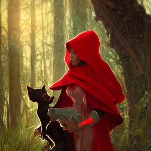 Prompt: Beautiful Portrait of Little Red Riding Hood with a black panther, intricate, wild, highly detailed, digital painting, artstation, concept art, smooth, sharp focus, illustration, art by artgerm and greg rutkowski and alphonse mucha, footage from space camera