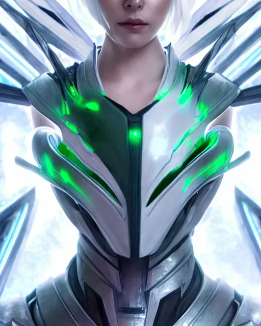 Image similar to perfect white haired attractive egyptian goddess, warframe armor, beautiful, symmetric, dreamy, half asian, pretty face, green eyes, charlize theron, detailed, scifi platform, laboratory, experiment, 4 k, ultra realistic, epic lighting, android body, illuminated, cinematic, masterpiece, art by akihito tsukushi, voidstar