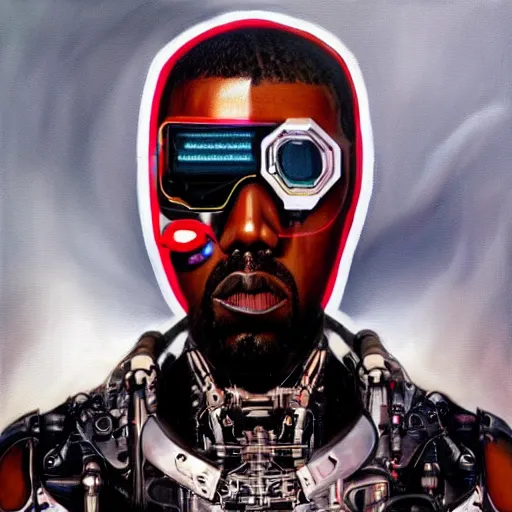 Image similar to a realistic oil painting of a cybernetic kanye west cyborg, surrealism portrait, post apocalyptic album cover